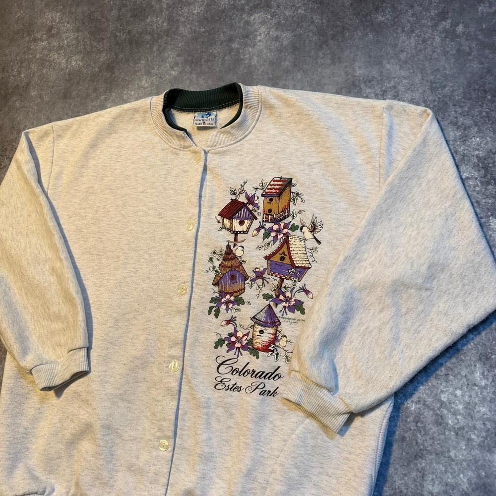 Vintage Grandma Granny Birdhouse Sweatshirt‎ Cardigan Women's XL Colorado